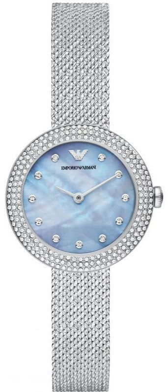 Emporio Armani Rosa Diamonds Mother of Pearl Blue Dial Silver Mesh Bracelet Women Watch - AR11380