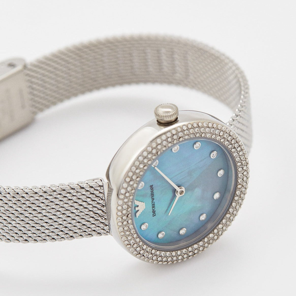 Emporio Armani Rosa Diamonds Mother of Pearl Blue Dial Silver Mesh Bracelet Women Watch - AR11380