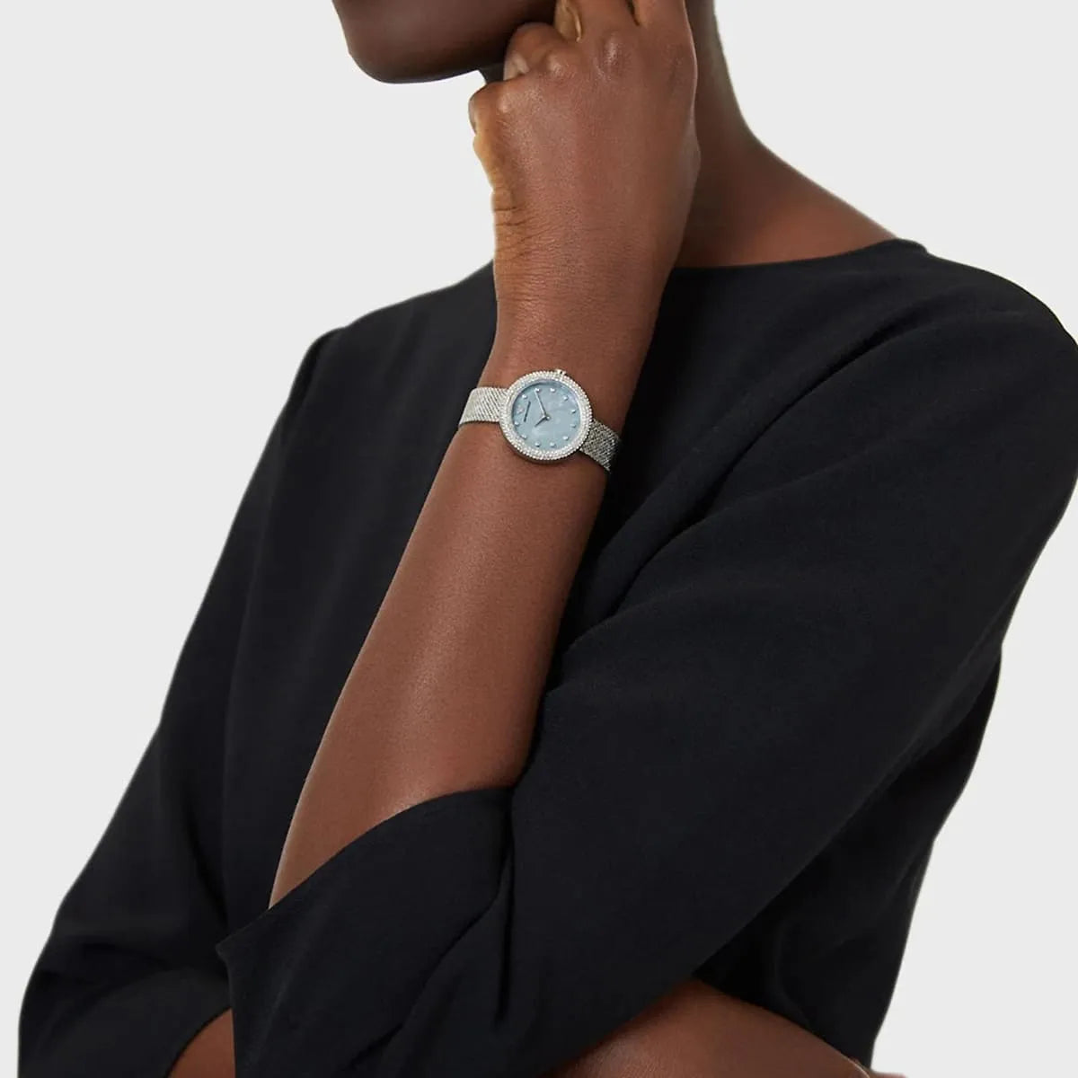 Emporio Armani Rosa Diamonds Mother of Pearl Blue Dial Silver Mesh Bracelet Women Watch - AR11380
