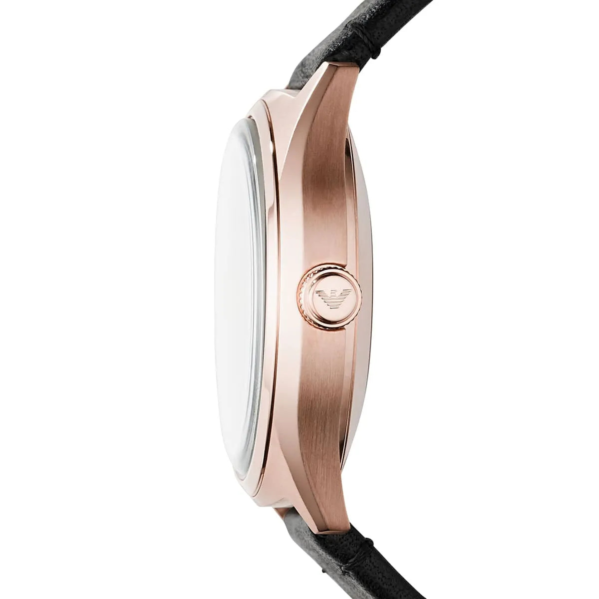 Rose gold case profile of Emporio Armani watch AR60004 with black leather strap