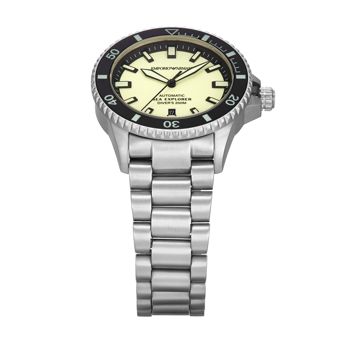 Emporio Armani Sea Explorer AR60083 dial detail with cream face and black bezel markings