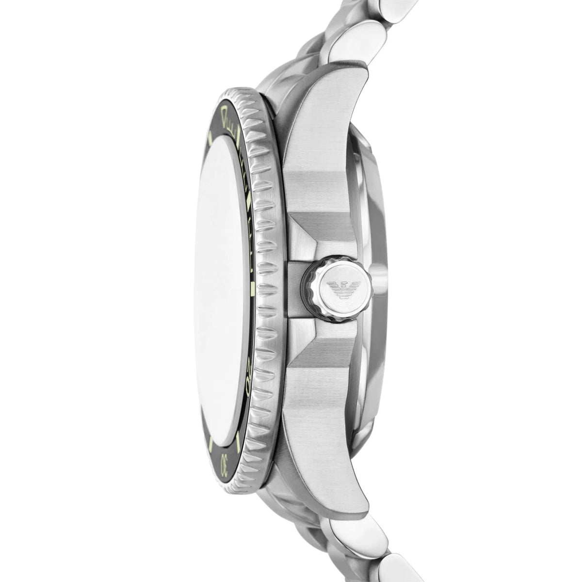 Side view of Emporio Armani Sea Explorer AR60083 automatic watch case and crown