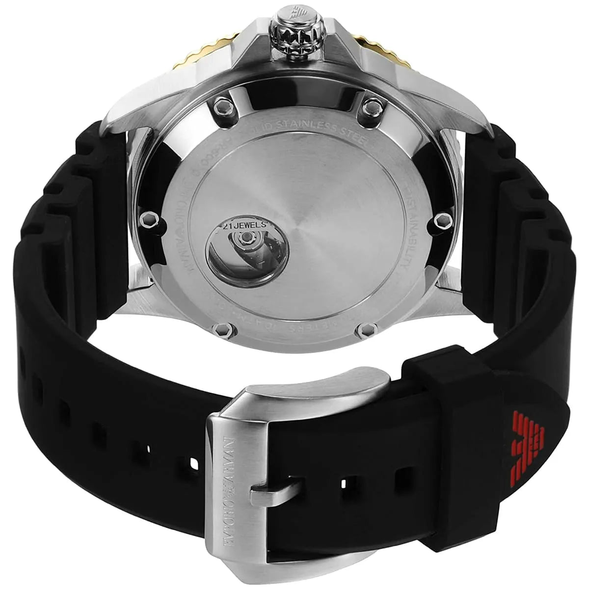 Stainless steel caseback with visible automatic movement and water resistance marking