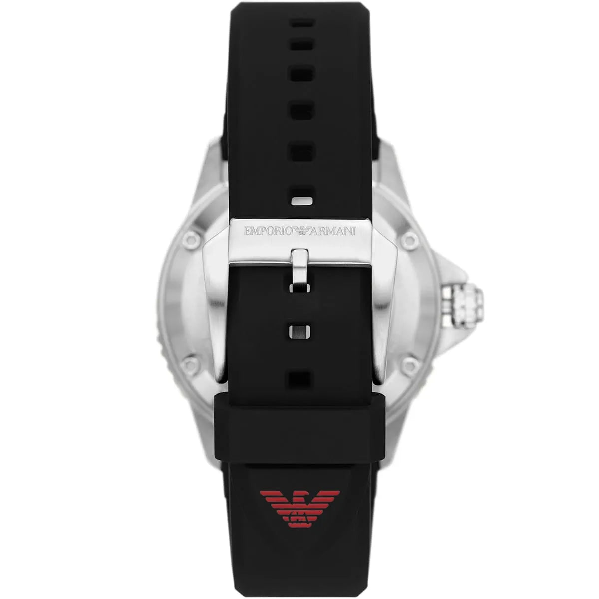Black silicon strap with Emporio Armani branding and red eagle logo detail