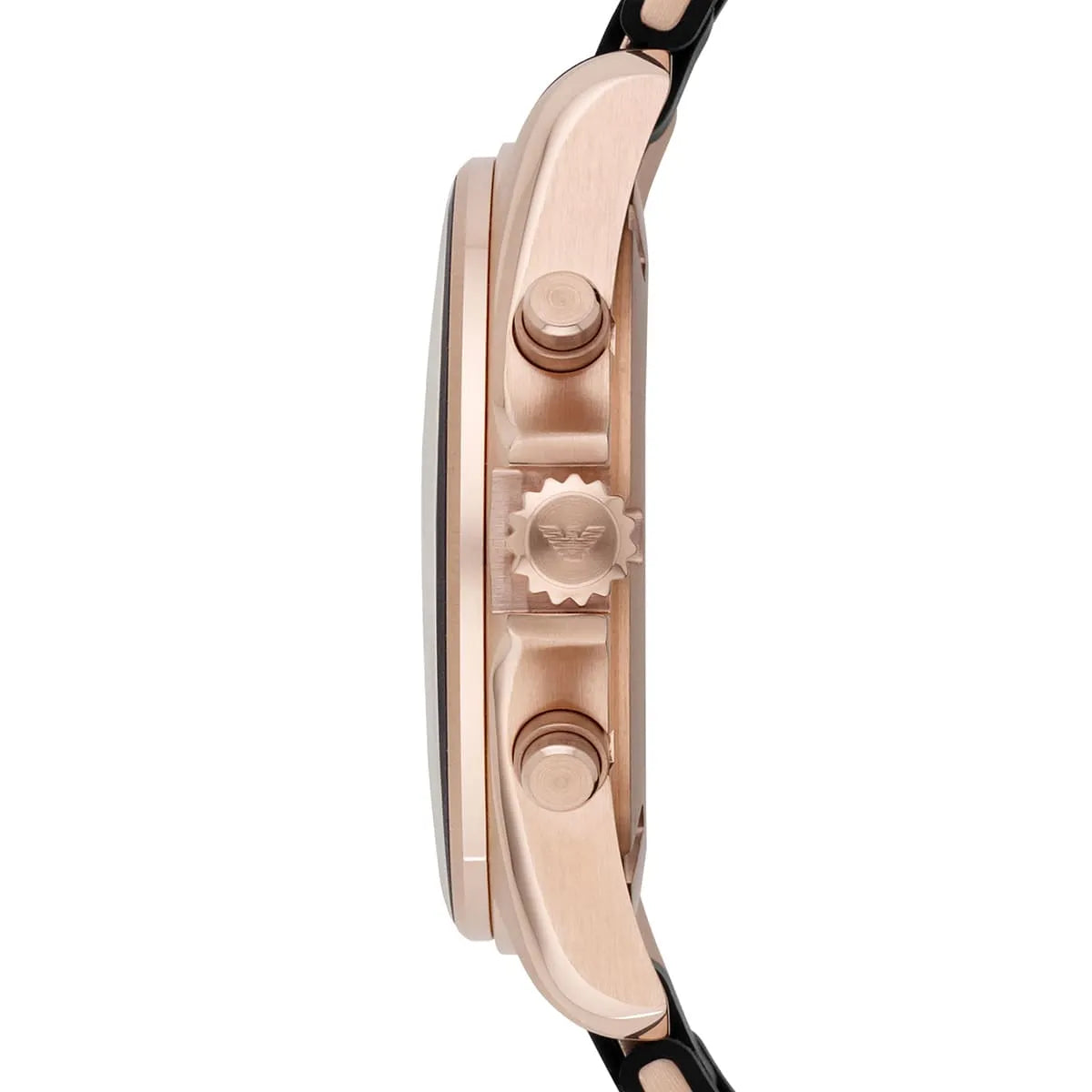 Emporio Armani Sigma AR6066 watch side profile displaying rose gold case and black strap