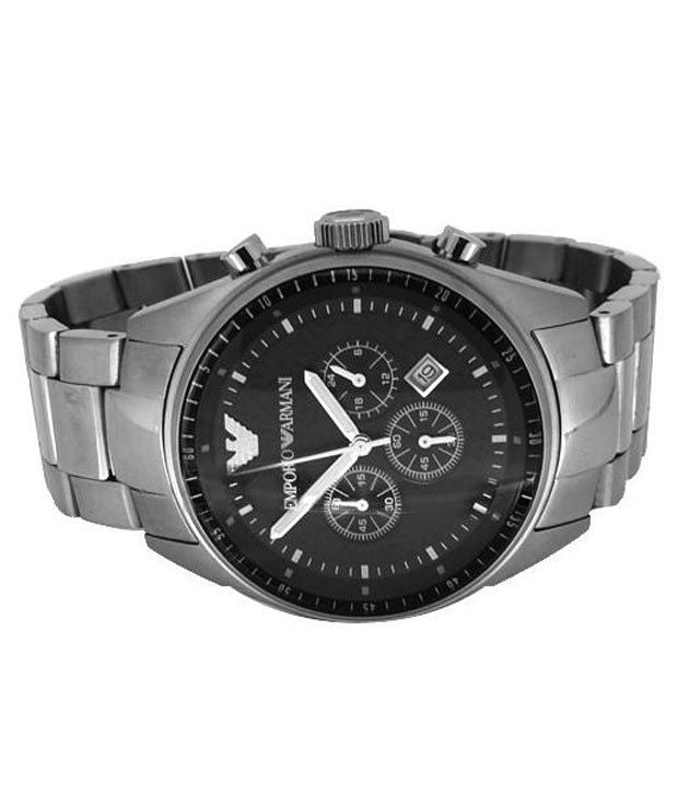 Emporio Armani Sportivo AR0585 watch showing black dial with chronograph subdials and silver metal bracelet