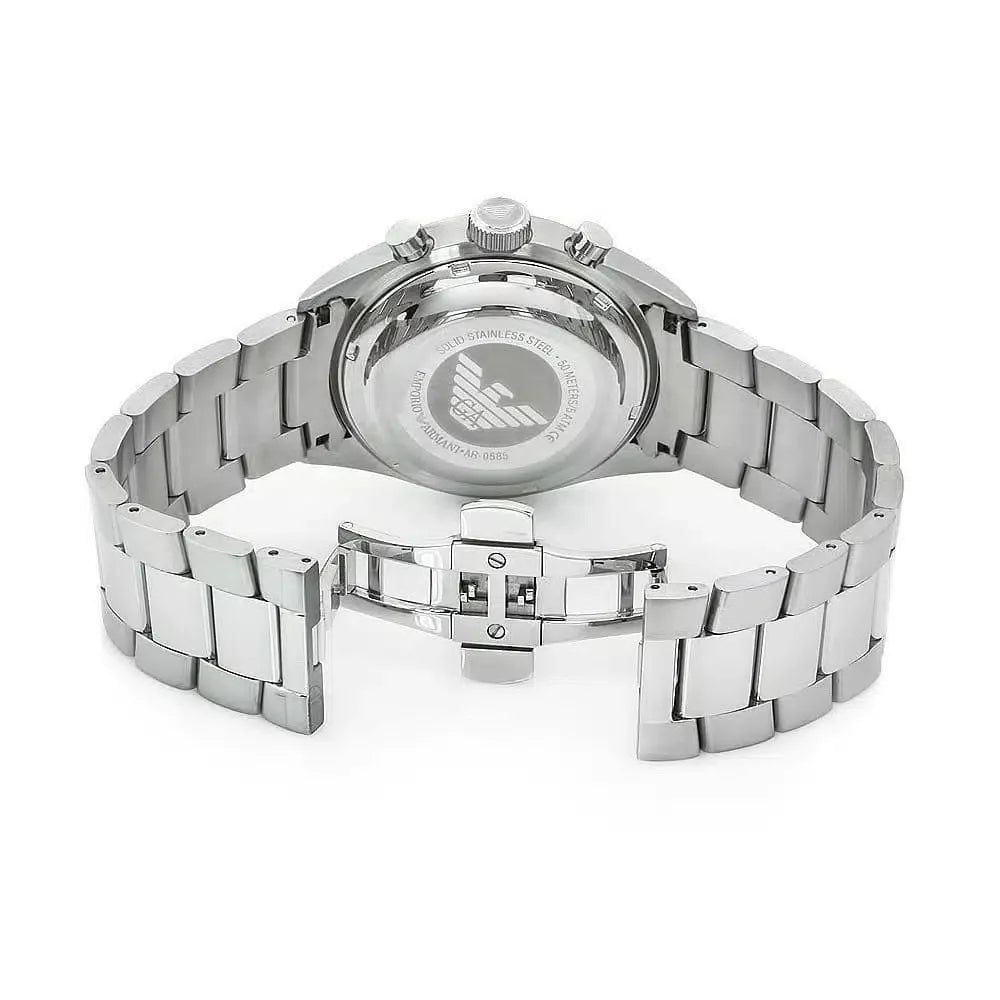 Emporio Armani Sportivo AR0585 caseback showing eagle logo and stainless steel bracelet attachment