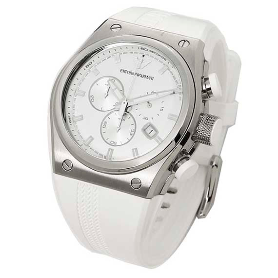Emporio Armani Sportivo AR6103 watch angled view showing white dial and rubber strap