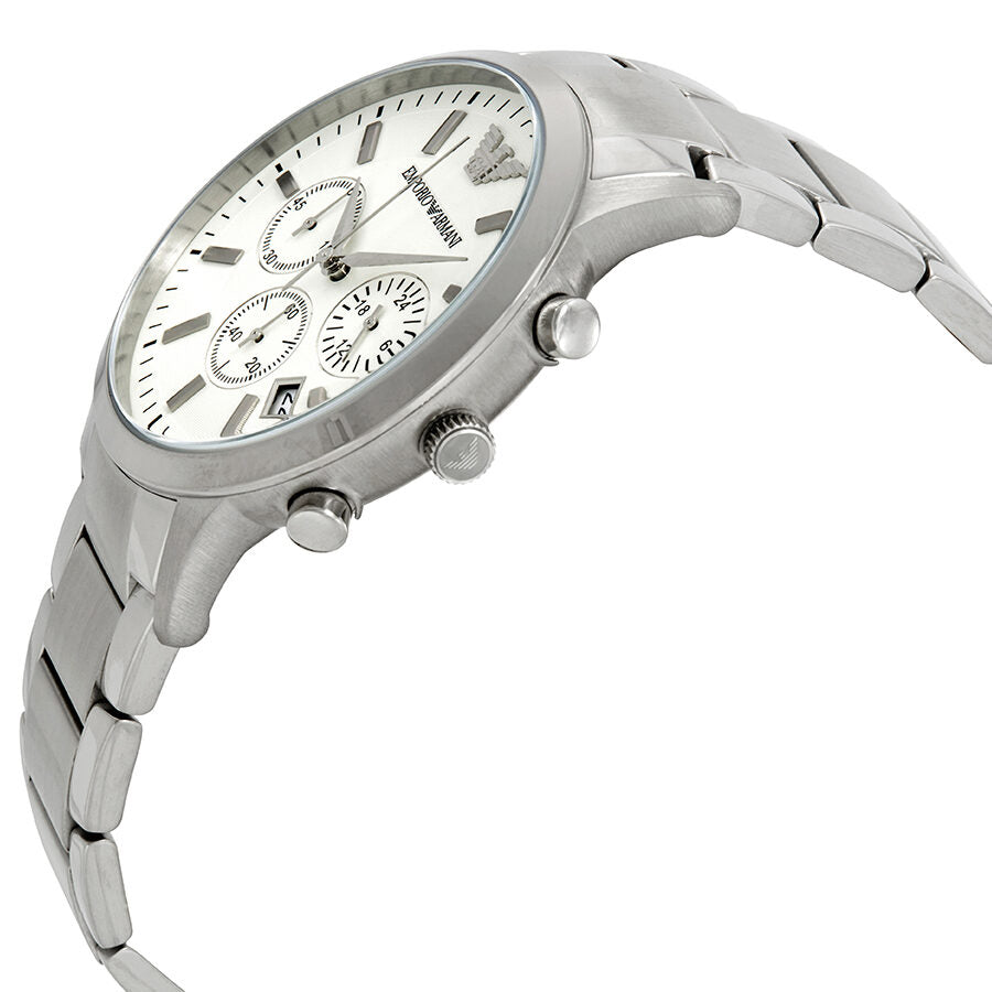 Emporio Armani Sportivo watch shown at angle with chronograph subdials visible