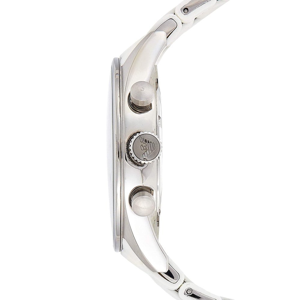 Emporio Armani Tazio chronograph watch side profile showing case and white rubber strap