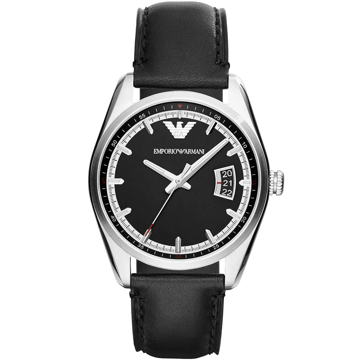 Emporio Armani Tazio AR6014 men's watch with silver case, black dial, and black leather strap