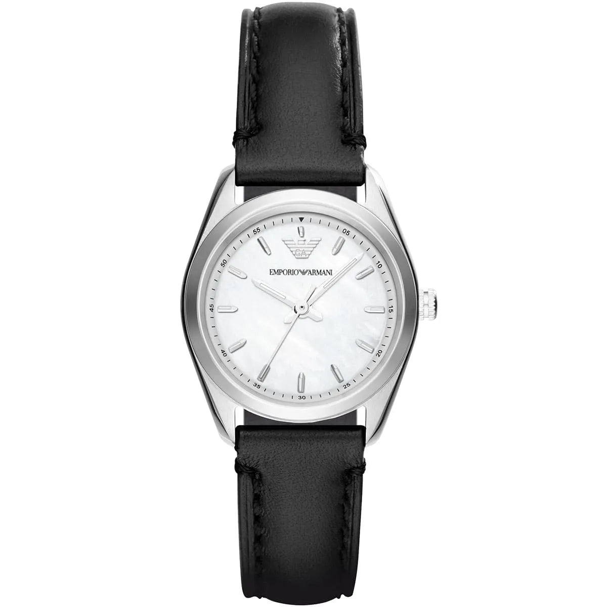 Emporio Armani Tazio AR6026 silver women's watch with white dial and black leather strap