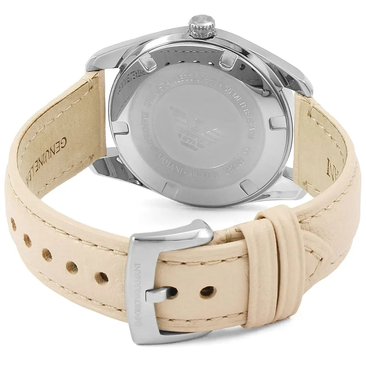 Emporio Armani Tazio AR6133 caseback showing stainless steel back and leather strap