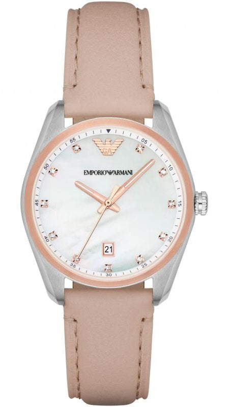 Emporio Armani Tazio women's watch with white mother-of-pearl dial and nude leather strap