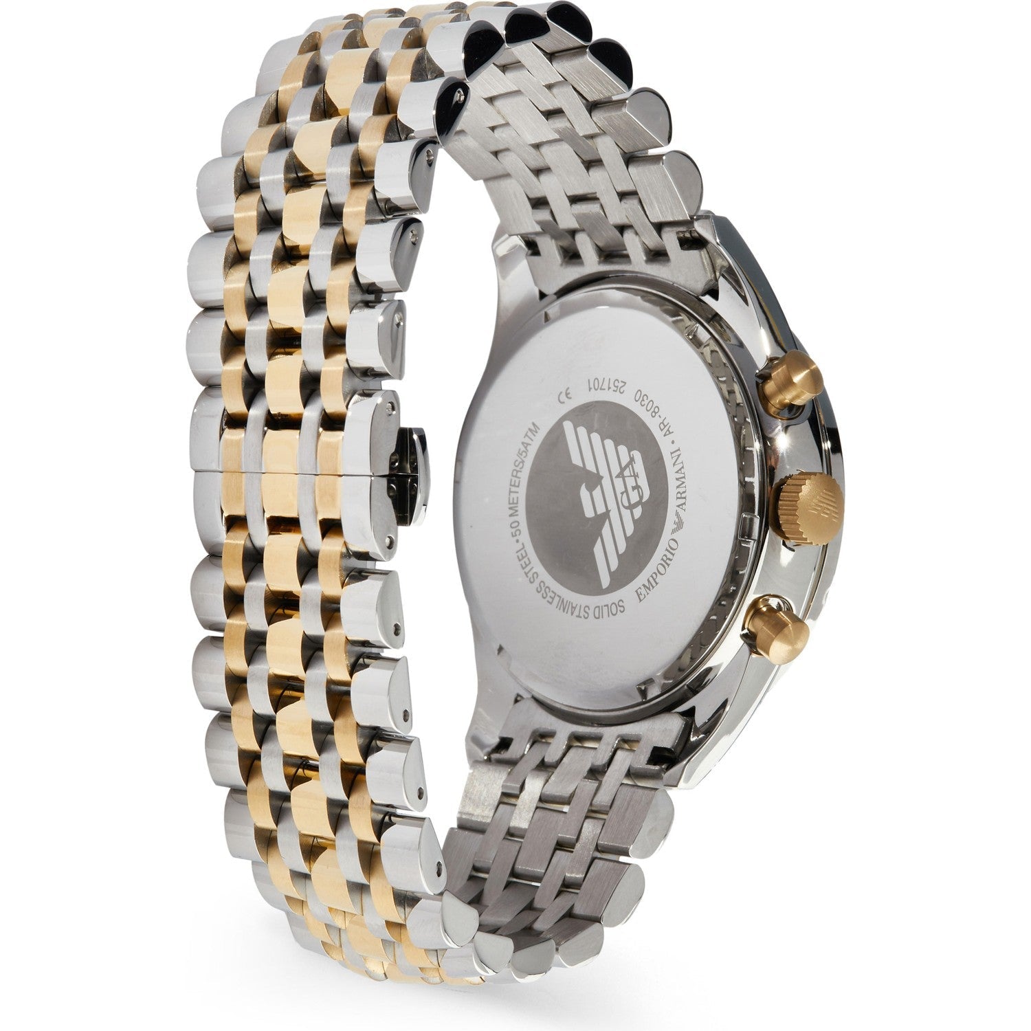 Emporio Armani Tazio AR8030 caseback showing water resistance and Armani eagle logo