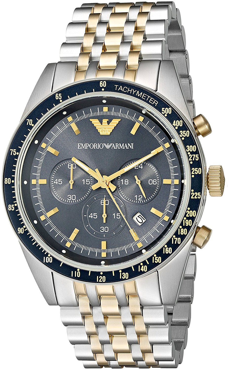 Emporio Armani Tazio AR8030 chronograph watch with blue dial and two-tone stainless steel bracelet