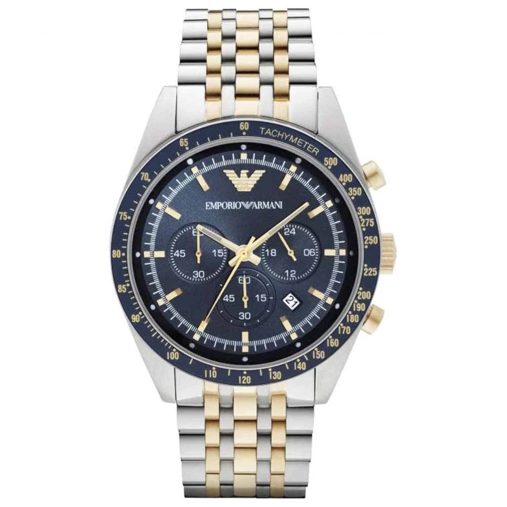 Emporio Armani Tazio AR8030 front view with blue dial, gold and silver stainless steel bracelet