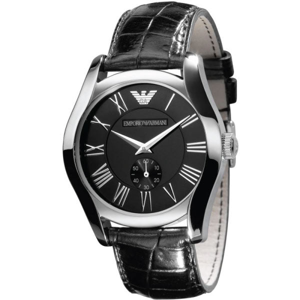 Side angle view of Emporio Armani Valente AR0643 showing case profile and black crocodile-embossed leather strap