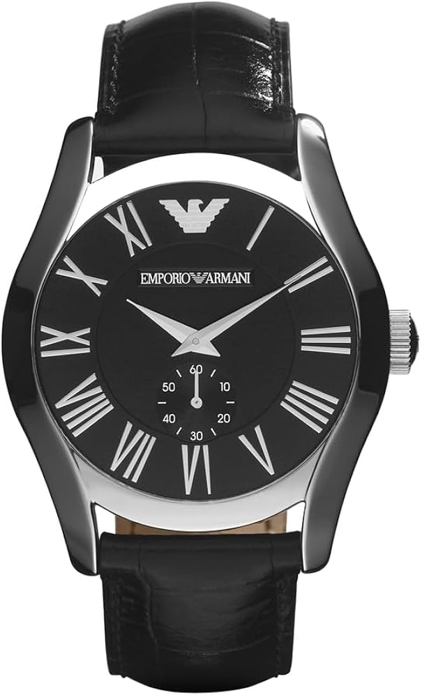 Emporio Armani Valente AR0643 men's watch with black dial, Roman numerals, stainless steel case, and black leather strap