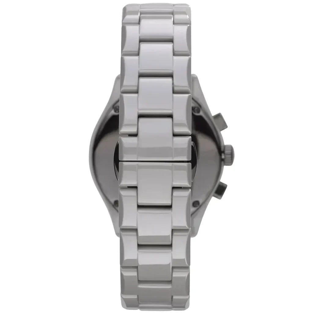 Side view of Emporio Armani Valente watch with white ceramic case and metal bracelet