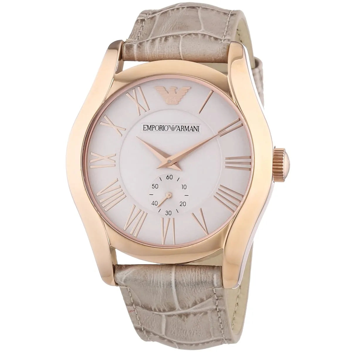 Emporio Armani Valente watch angled view showing beige leather strap and dial