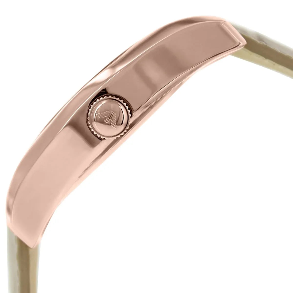 Side profile of Emporio Armani Valente rose gold case with Emporio Armani logo detail