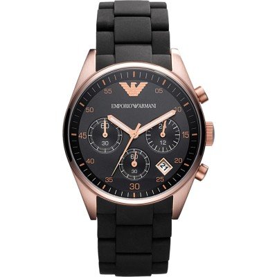 Emporio Armani Tazio chronograph with rose gold case, black dial, three subdials, and black rubber strap