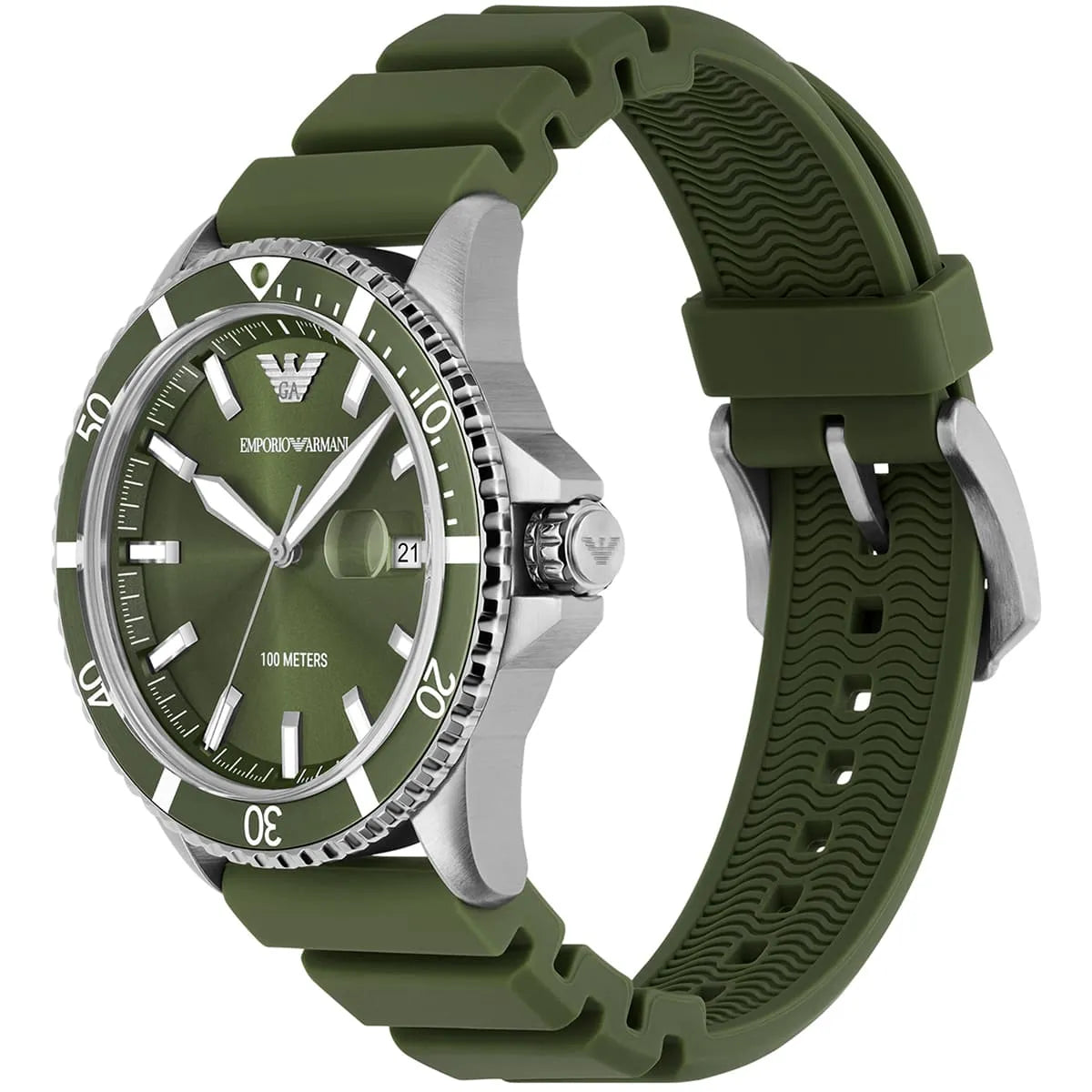 Emporio Armani AR11638 watch at side angle showing green rubber strap with chevron pattern