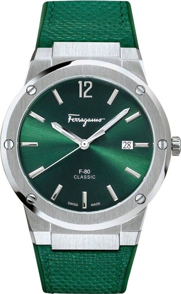 Ferragamo F-80 Classic Green Silicone Strap Steel Dial 42mm Mens Watch - SFDT00519