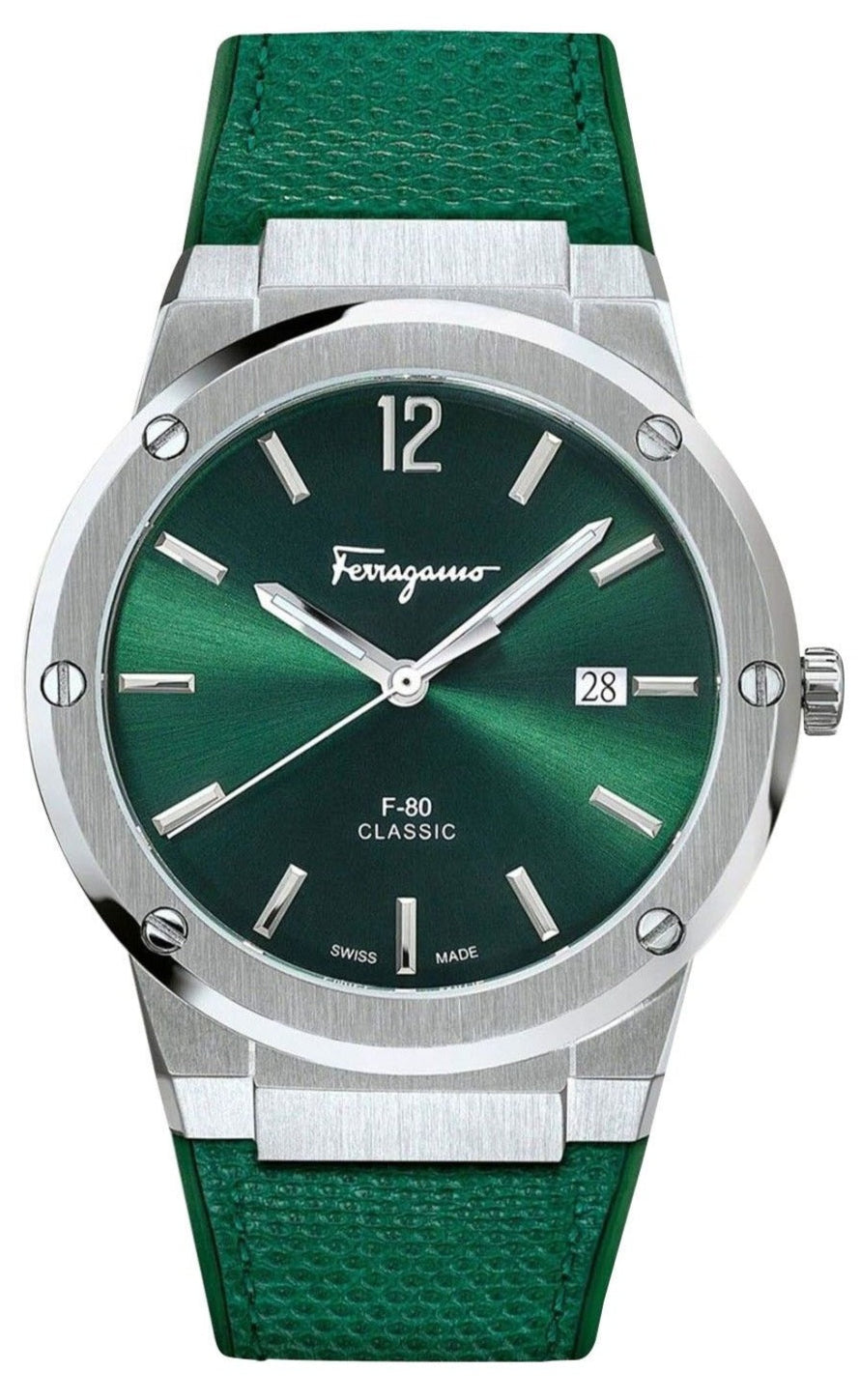 Ferragamo F-80 Classic Green Silicone Strap Steel Dial 42mm Mens Watch - SFDT00519