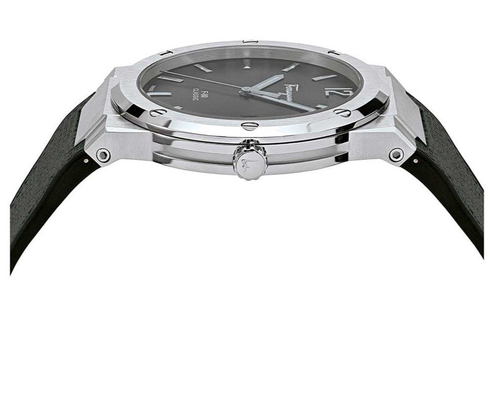 Side angle view of Ferragamo F-80 Classic showing stainless steel case and black leather strap
