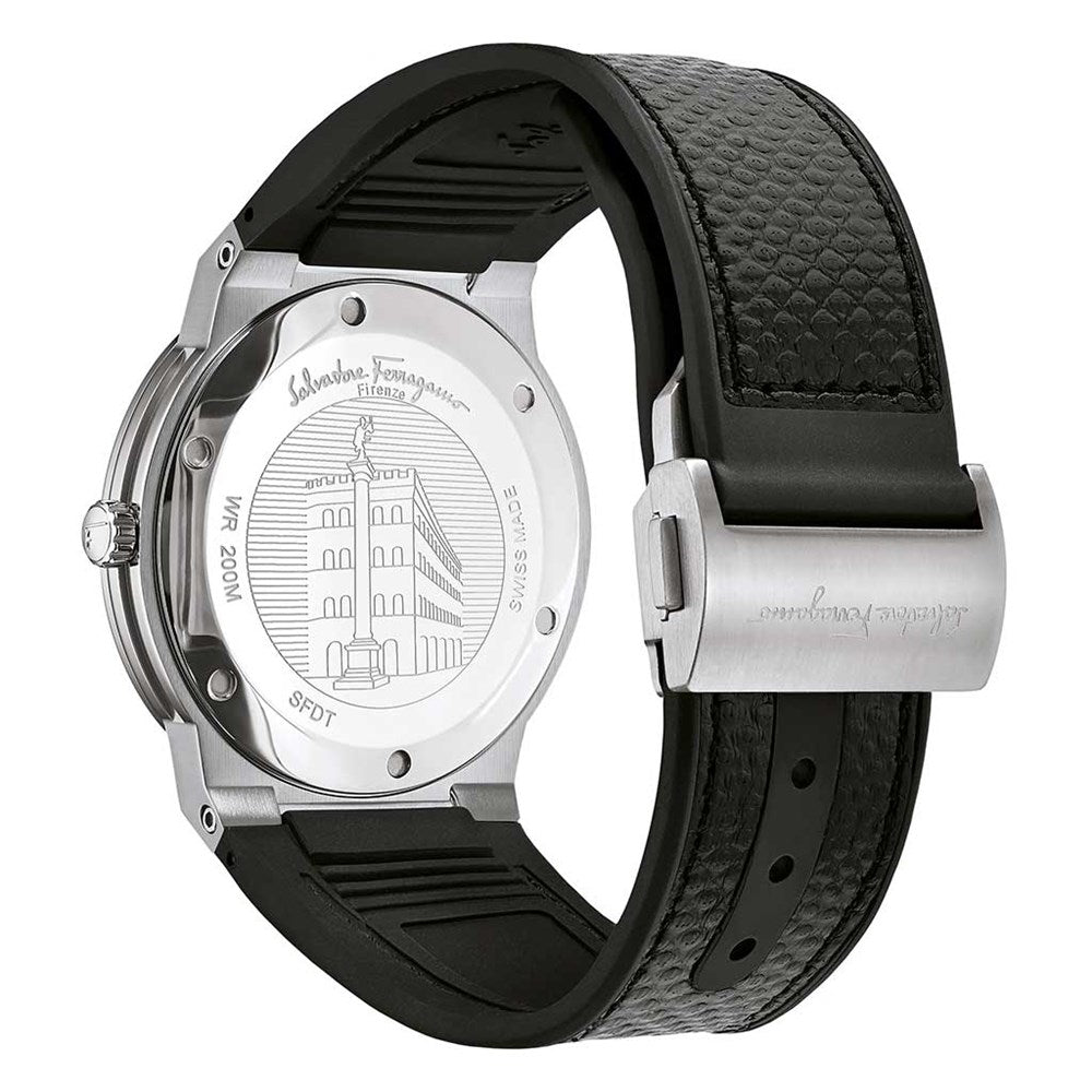 Caseback of Ferragamo F-80 Classic displaying engraved detail and silver metal clasp