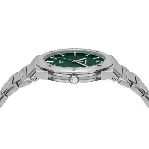 Close-up of Ferragamo F-80 Classic dial with green face and white hour markers