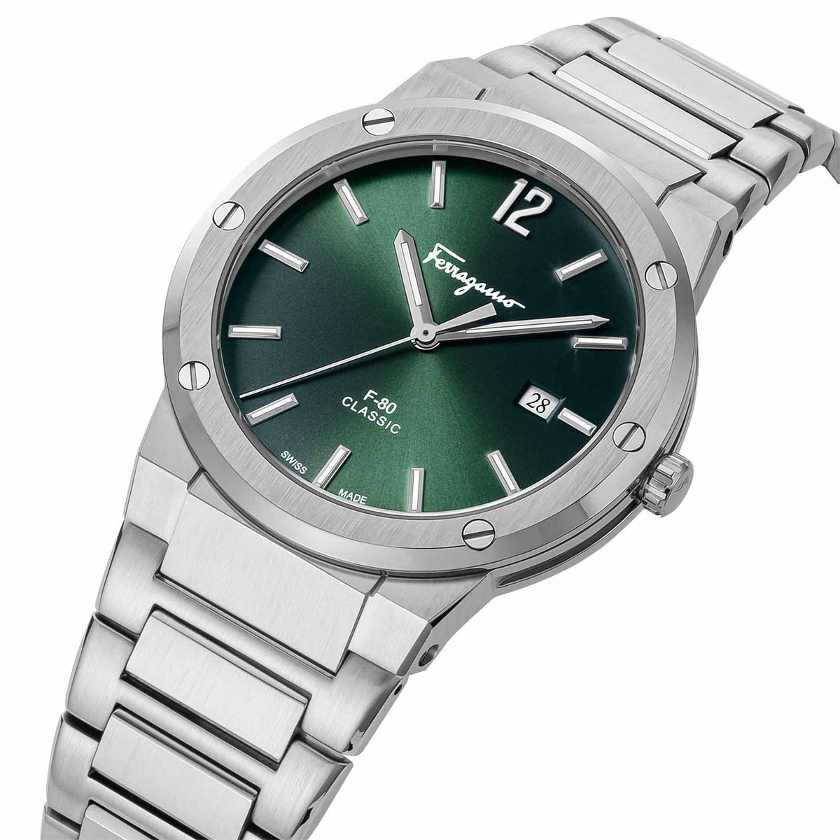 Ferragamo F-80 Classic watch at angle showing green dial and steel bracelet