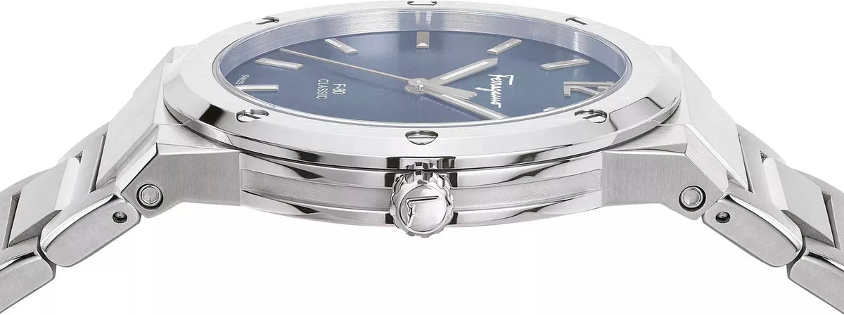Ferragamo F-80 Classic watch shown from side angle with black dial and silver case