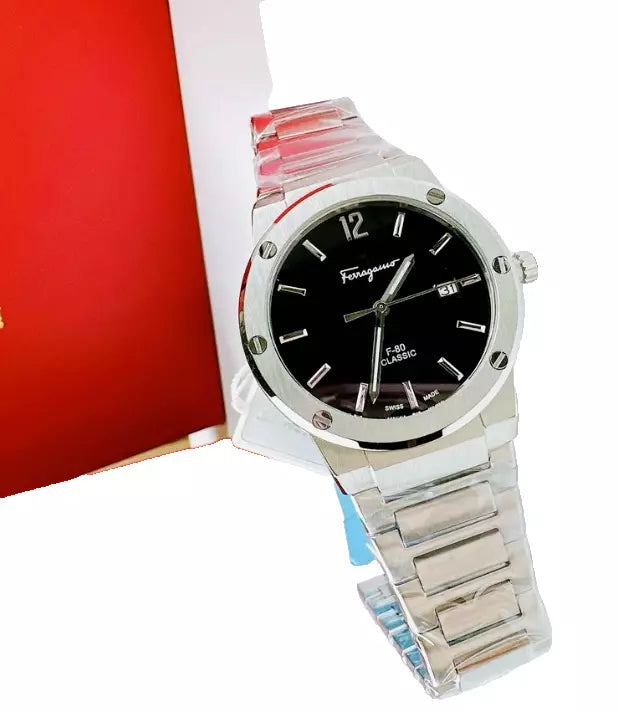 Ferragamo F-80 Classic men's watch on wrist with branded box
