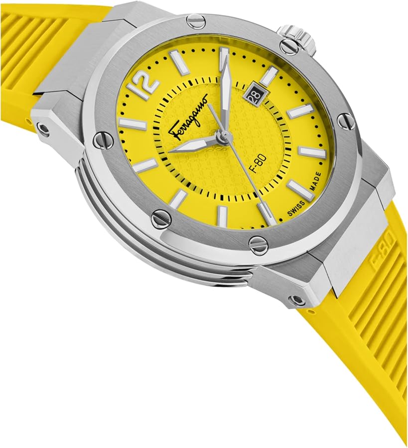 Ferragamo F-80 watch angled view showing yellow dial with date window and silver hands