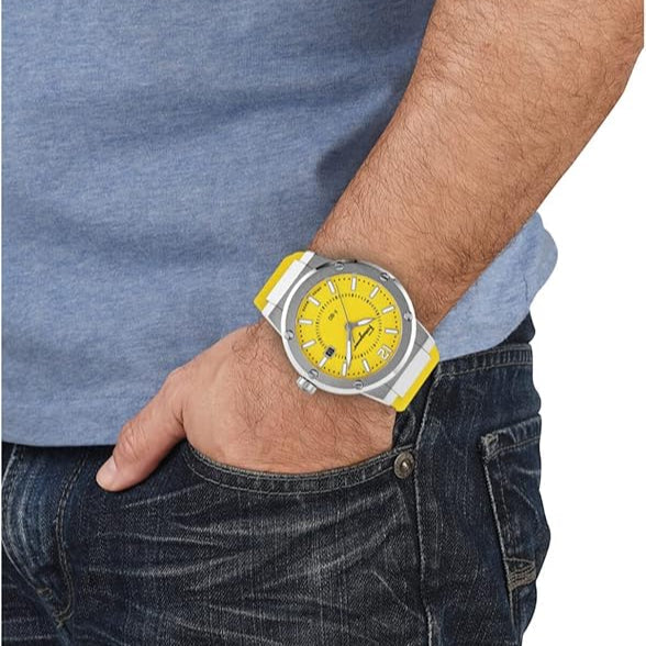 Ferragamo F-80 quartz watch worn on man's wrist with yellow dial and strap