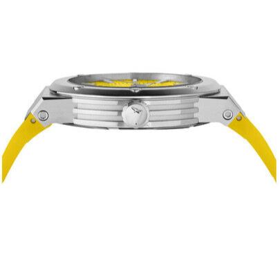 Ferragamo F-80 watch side view displaying stainless steel case profile and yellow rubber strap