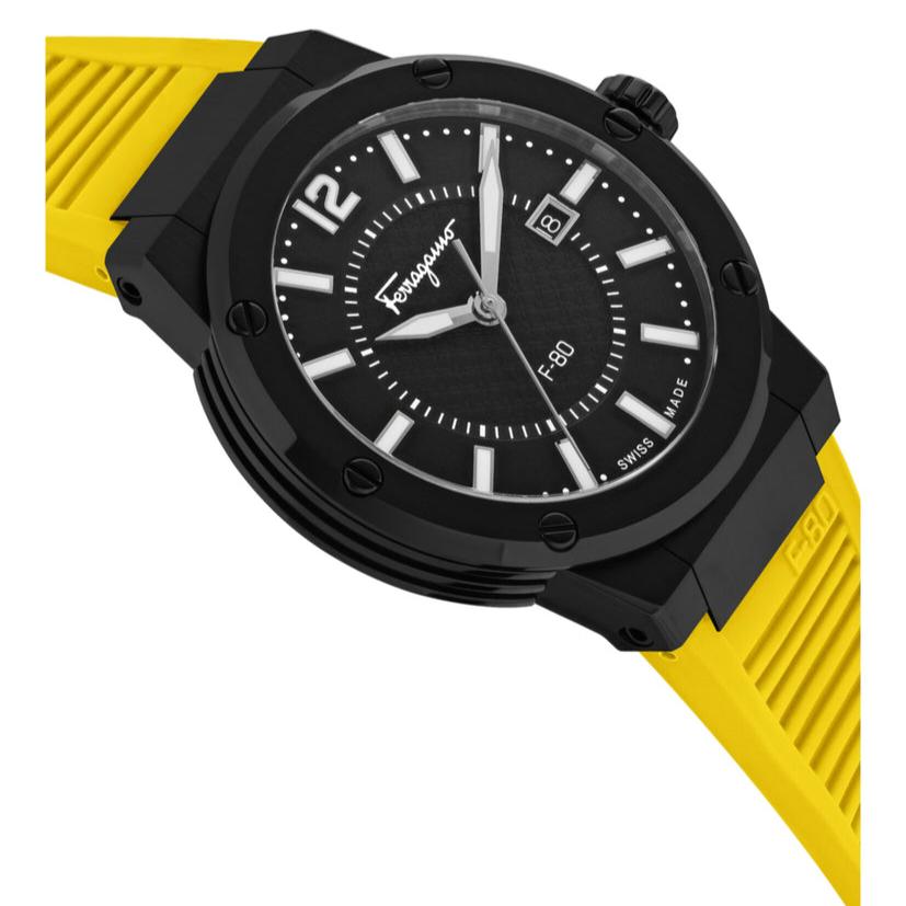 Ferragamo F-80 watch angled view with black case and yellow rubber strap
