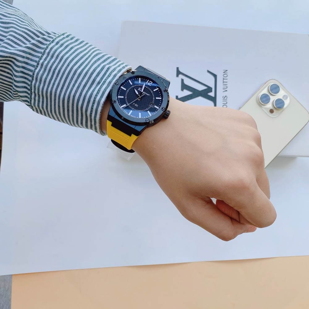 Ferragamo F-80 men's watch on wrist with yellow strap lifestyle shot