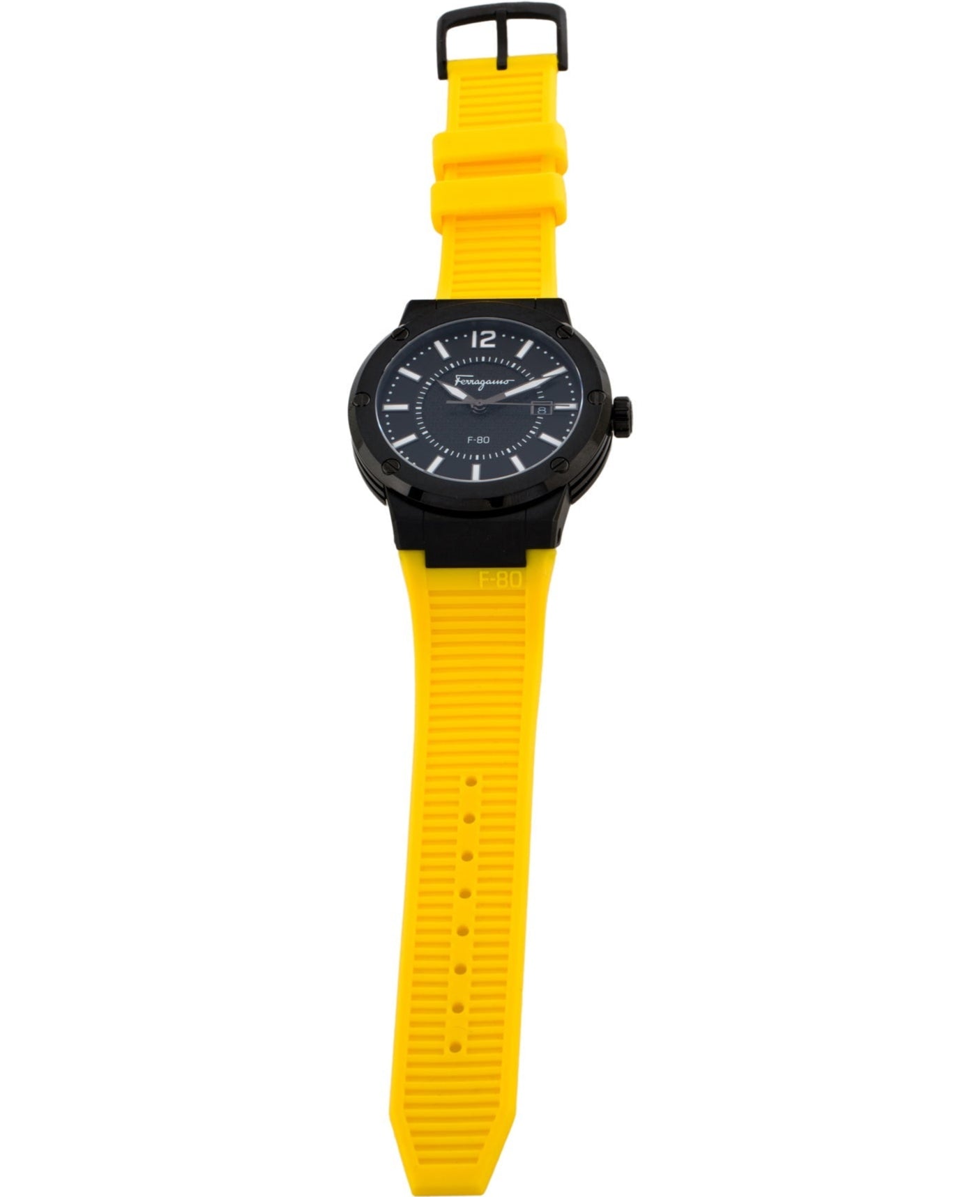 Ferragamo F-80 watch displayed on wrist with yellow rubber strap