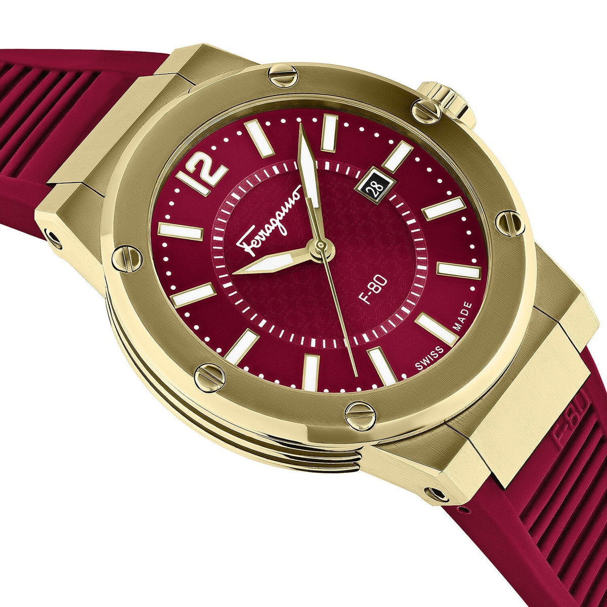 Ferragamo F-80 three-quarter view showing red dial and gold case with red rubber strap