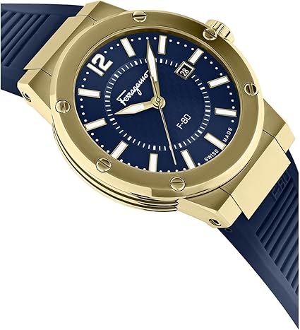 Ferragamo F-80 watch angled view with blue dial and gold-tone case details