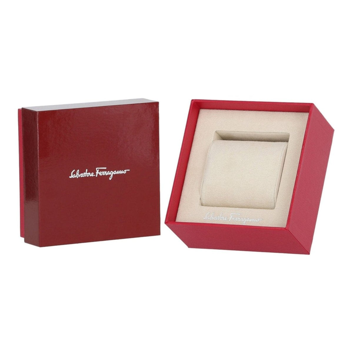 Ferragamo watch presentation box in burgundy with cream interior