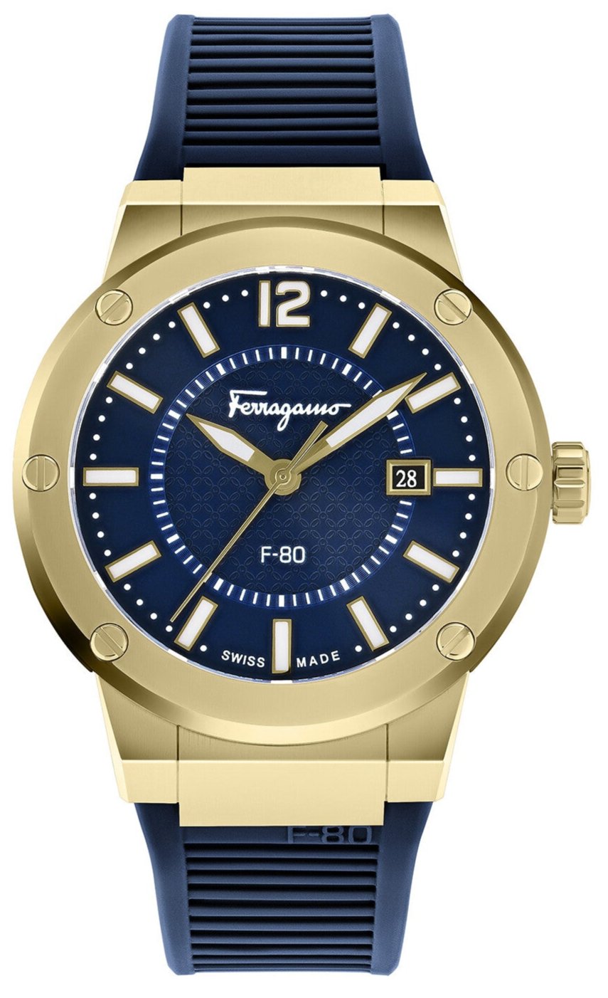 Ferragamo F-80 watch with blue dial, gold-tone case, blue rubber strap, and date window