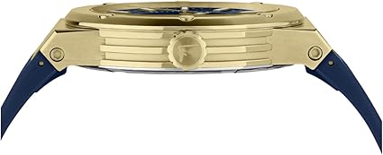 Ferragamo F-80 watch side profile showing gold-tone case and blue rubber strap