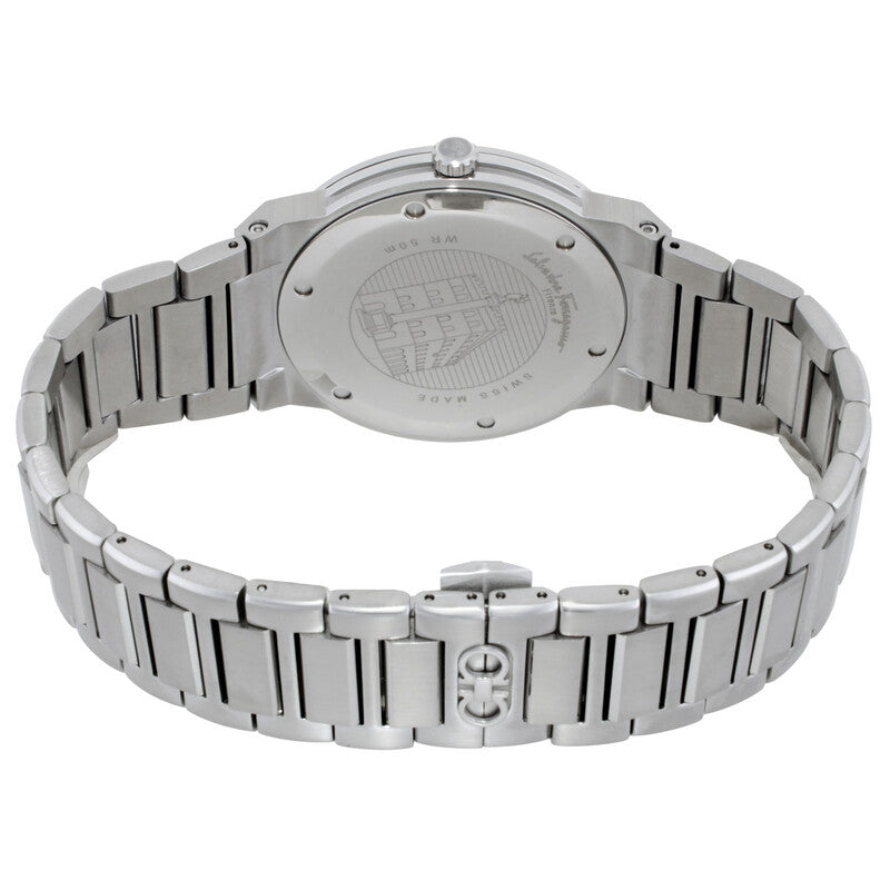 Caseback of Ferragamo F-80 Classic watch showing stainless steel case with engraved details
