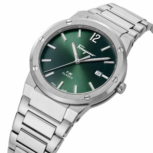 Ferragamo F-80 Silver Stainless Steel Green Dial Quartz Watch for Men's- SFDT00249