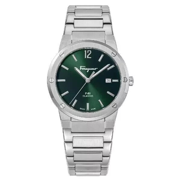 Ferragamo F-80 Silver Stainless Steel Green Dial Quartz Watch for Men's- SFDT00249